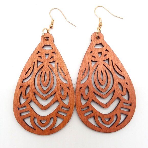 Bohemian Earrings Large Hollow Cut Wood Dangle Boho Carved Hippie Trendy - Picture 1 of 2